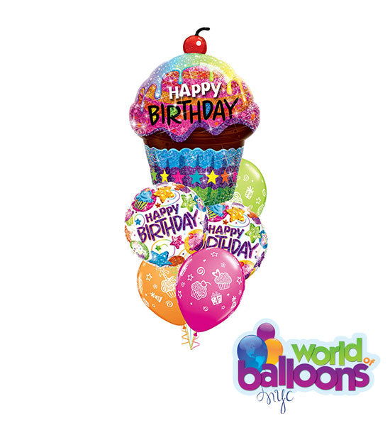 Frosted Cupcake Happy Birthday Balloon Bouquet